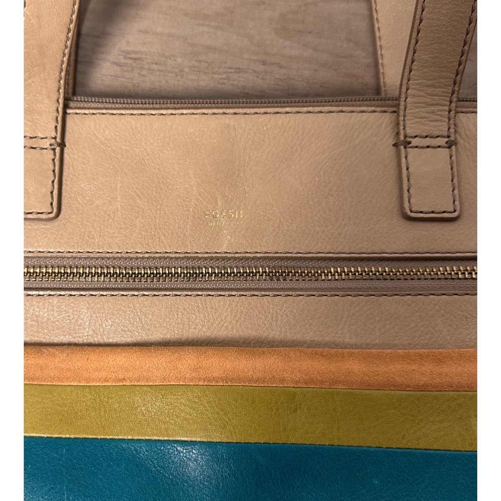 Vibrant Color Block Tan Fossil Shoulder Zip Too Handbag Large Tote - Picture 4 of 10